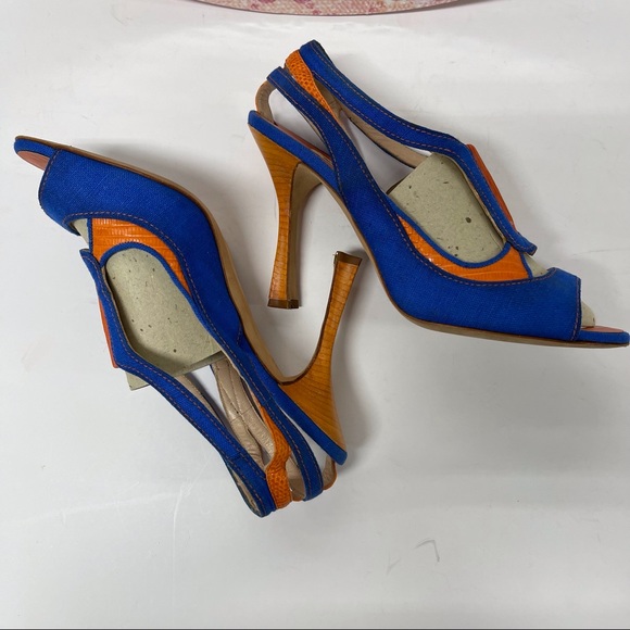 🧡SOLD! RARE MANOLO BLAHNIK DENIM & LEATHER HEELS 39 8.5 - Picture 9 of 11